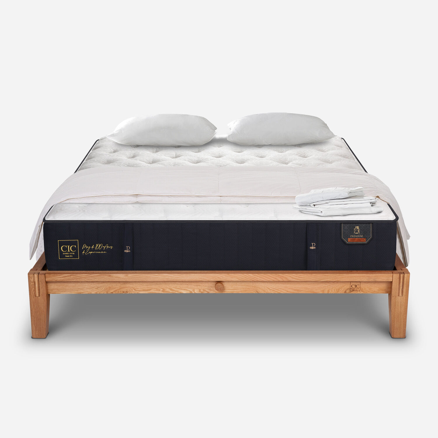 Cama Oak King Premium Sábanas + Plumón + Almohadas