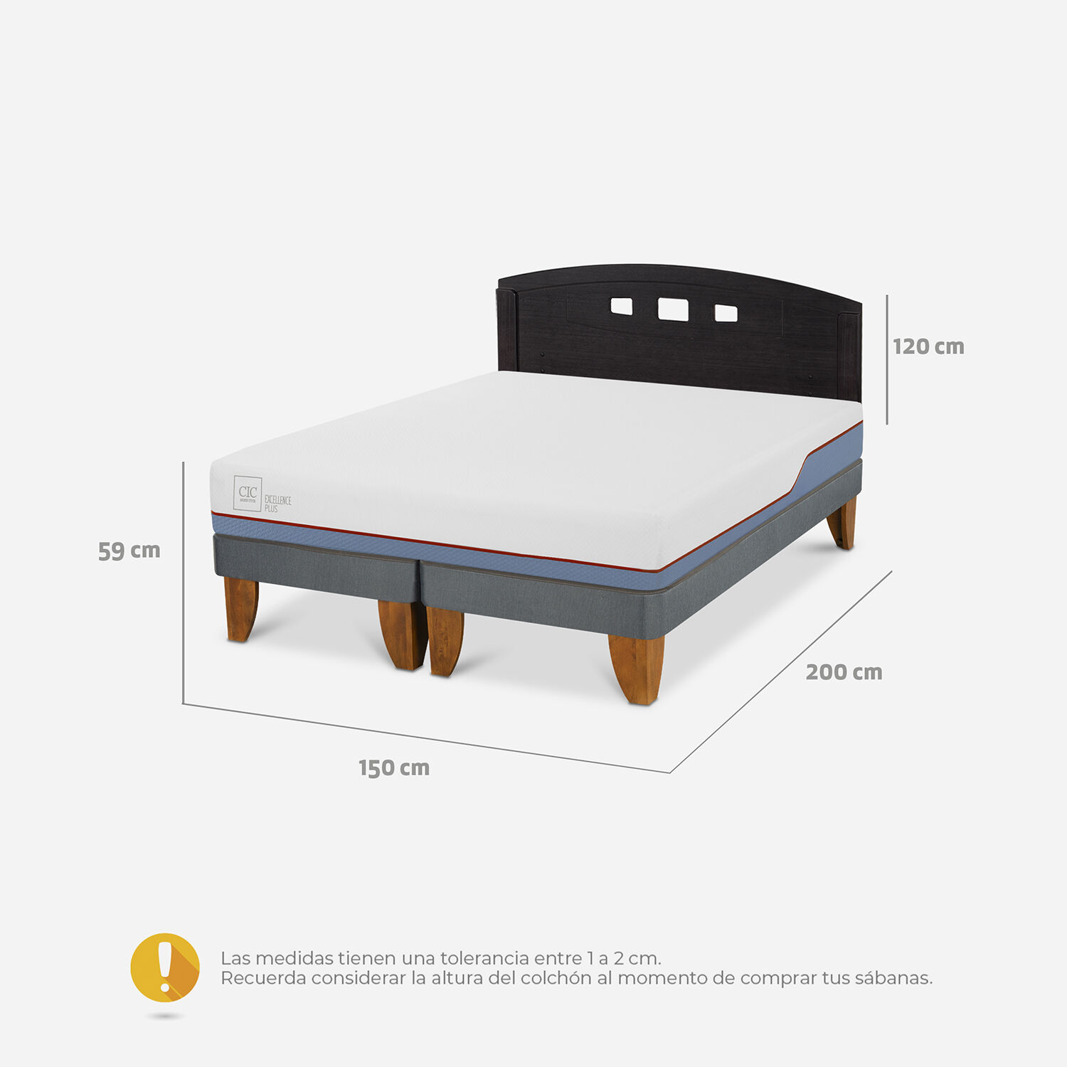 Cama Europea 2 Plazas Excellence Plus Base Dividida + Respaldo Gales Negro