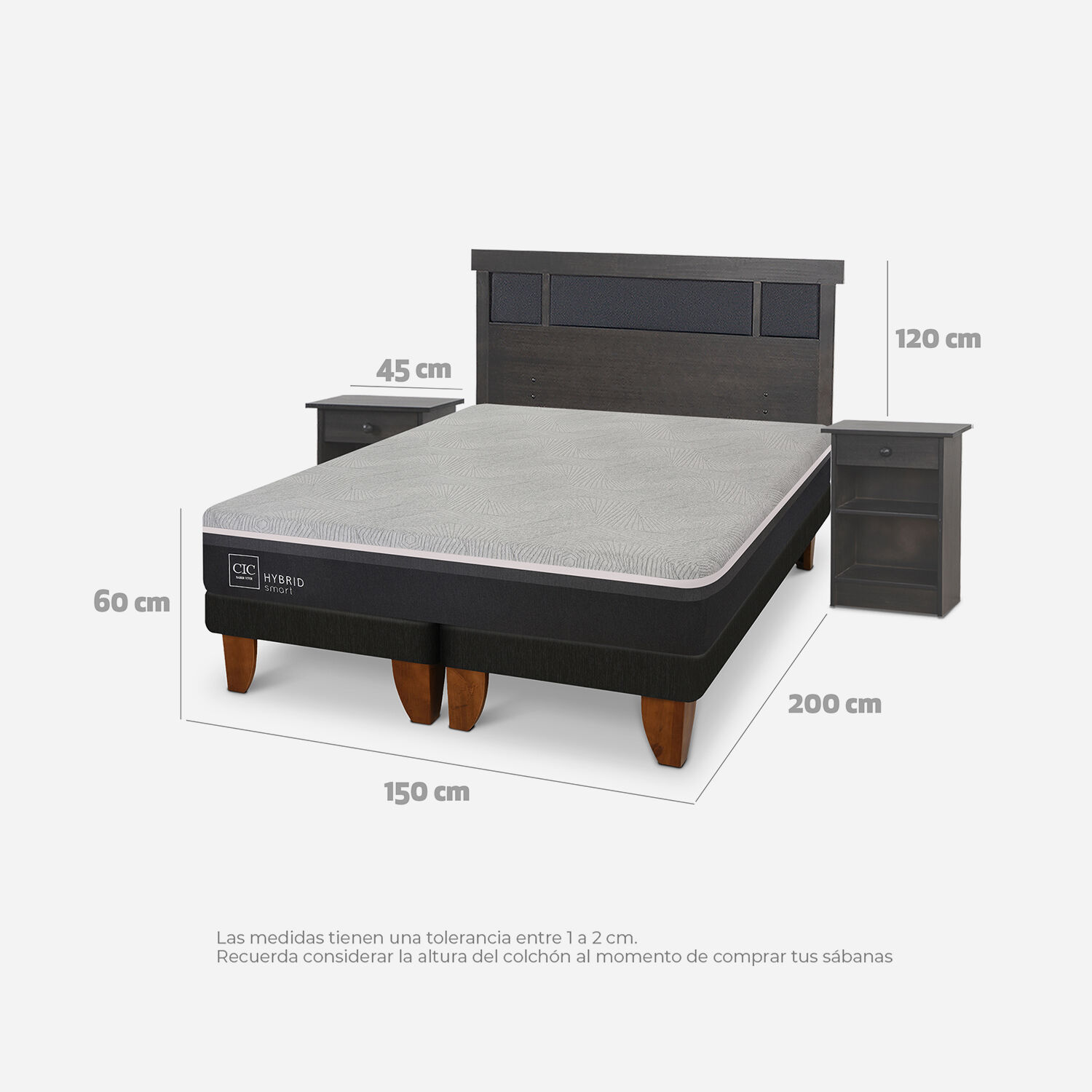 Cama Europea 2 Plazas Hybrid Set Dublín Gris