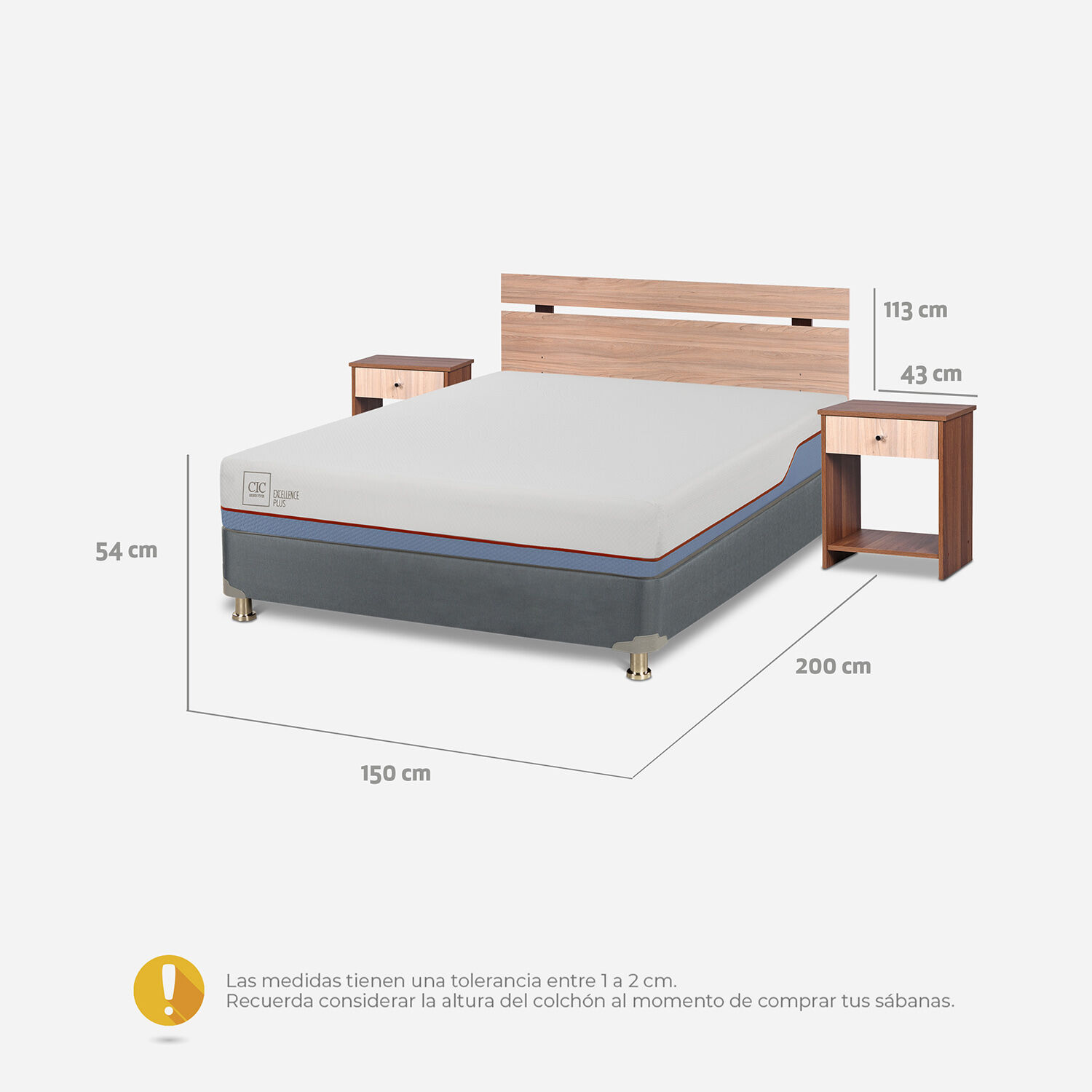 Cama Americana 2 Plazas Excellence Plus Base Normal + Set Olmo