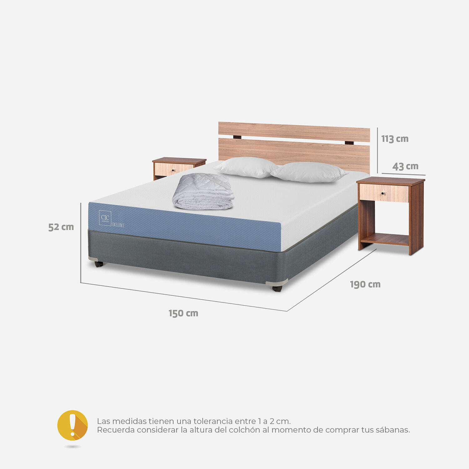 Cama Americana 2 Plazas Excellence + Set Olmo + Almohadas + Plumón