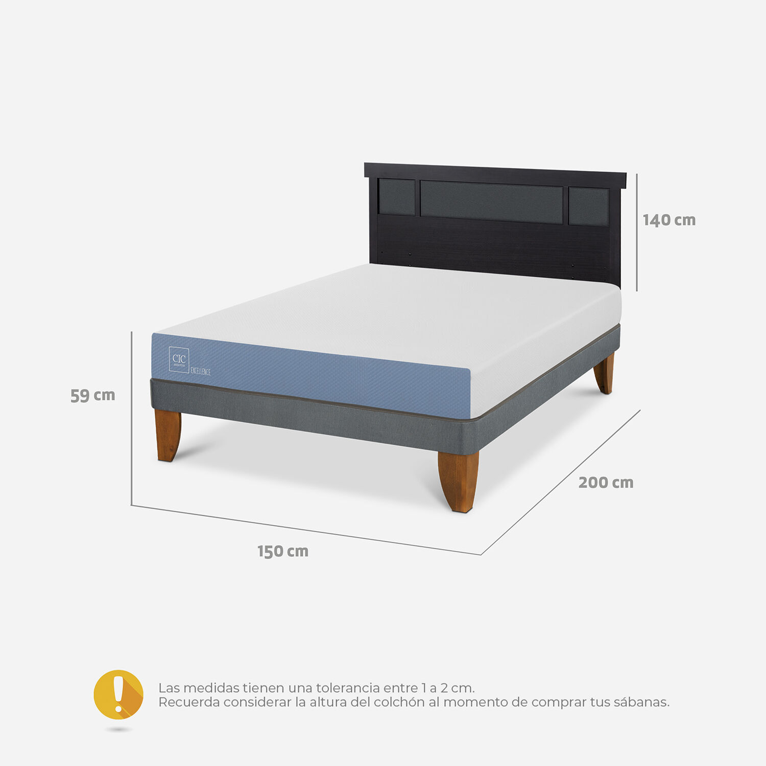 Cama Europea 2 Plazas Excellence Plus Base Normal + Respaldo Dublín Negro