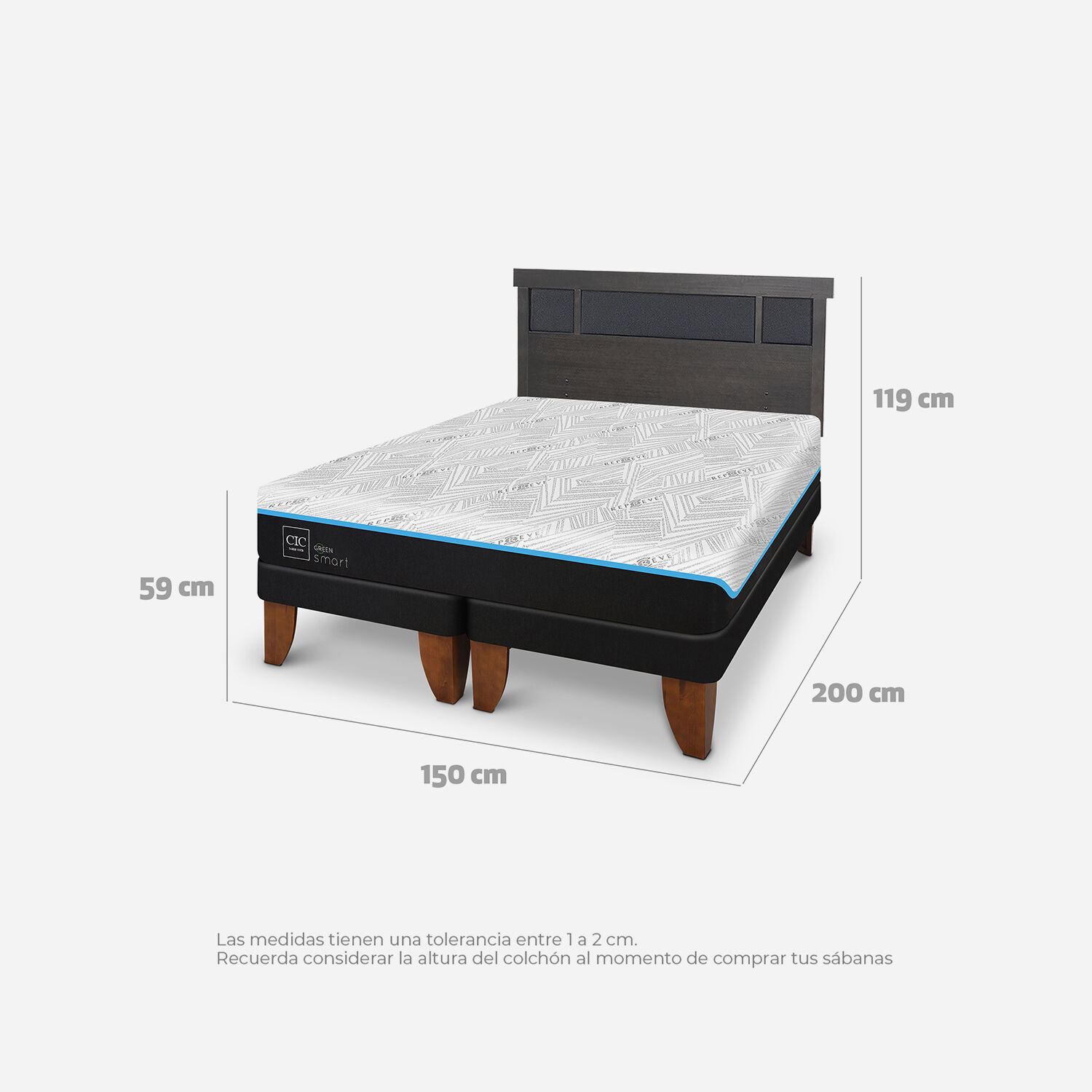 Cama Europea 2 Plazas Green Infinity Respaldo Dublín Gris